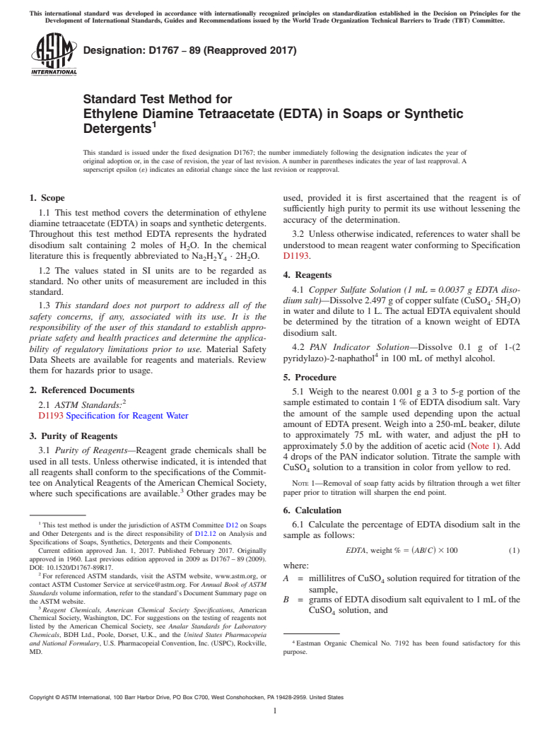 ASTM D1767-89(2017) - Standard Test Method for  Ethylene Diamine Tetraacetate (EDTA) in Soaps or Synthetic  Detergents