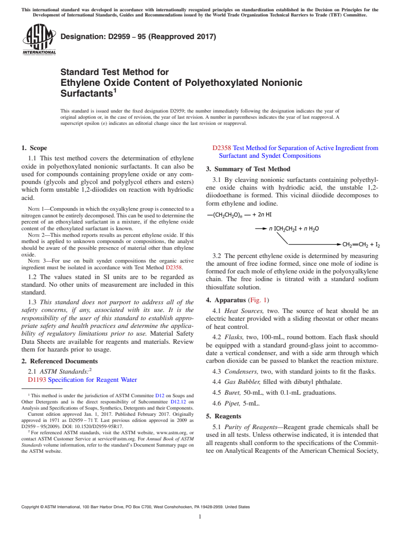 ASTM D2959-95(2017) - Standard Test Method for  Ethylene Oxide Content of Polyethoxylated Nonionic Surfactants