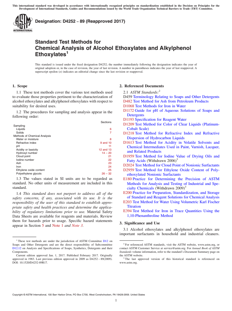 ASTM D4252-89(2017) - Standard Test Methods for  Chemical Analysis of Alcohol Ethoxylates and Alkylphenol Ethoxylates