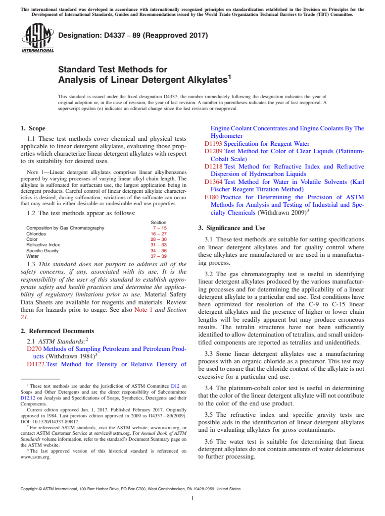 ASTM D4337-89(2017) - Standard Test Methods for  Analysis of Linear Detergent Alkylates