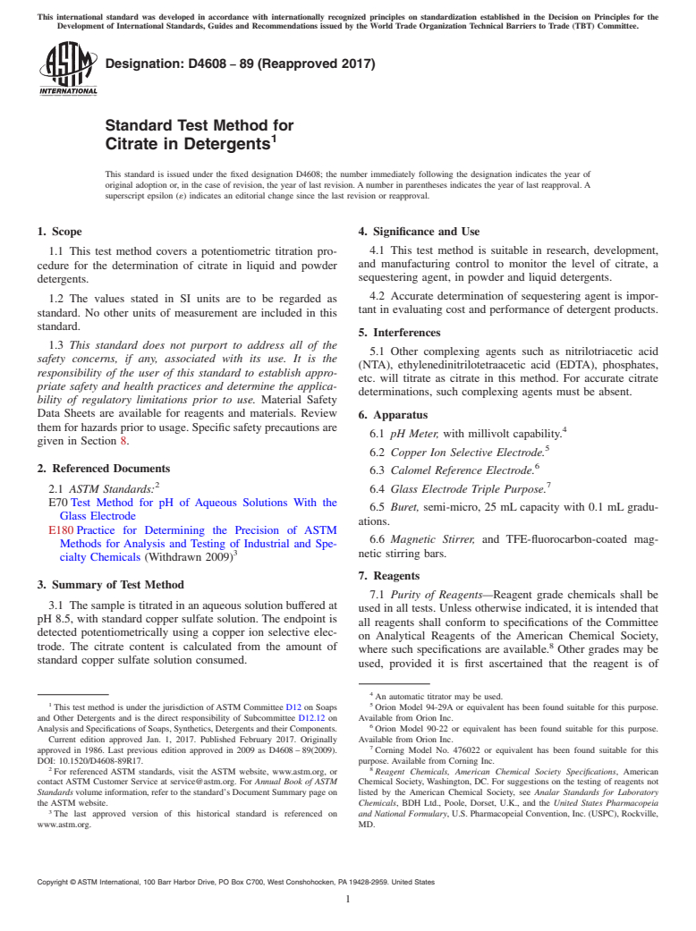 ASTM D4608-89(2017) - Standard Test Method for  Citrate in Detergents