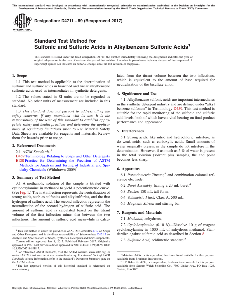 ASTM D4711-89(2017) - Standard Test Method for  Sulfonic and Sulfuric Acids in Alkylbenzene Sulfonic Acids