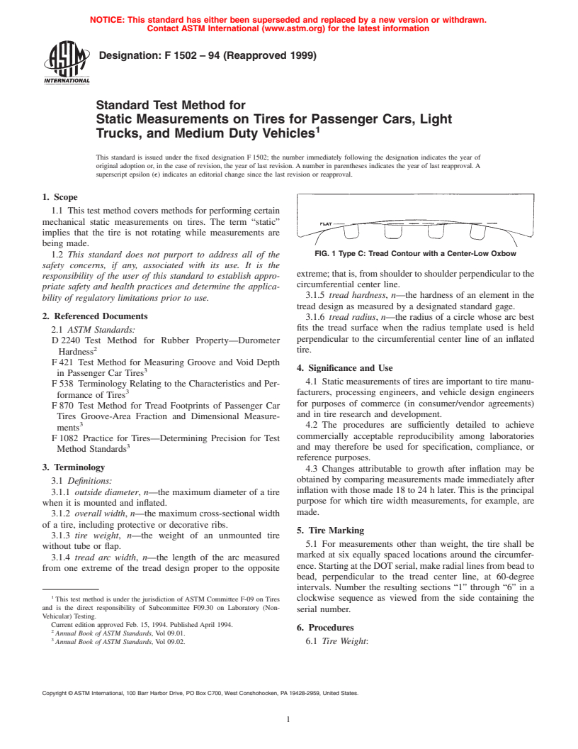 ASTM F1502-94(1999) - Standard Test Method for Static Measurements on Tires for Passenger Cars, Light Trucks, and Medium Duty Vehicles