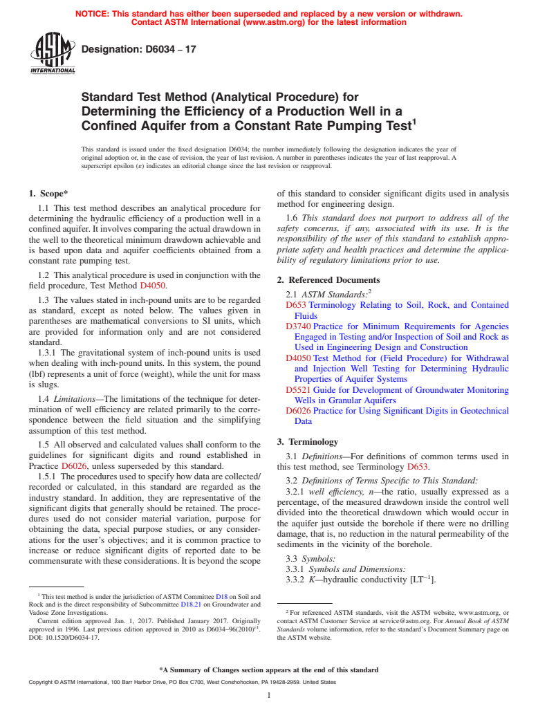 ASTM D6034-17 - Standard Test Method (Analytical Procedure) for Determining the Efficiency of a Production Well in a Confined  Aquifer from a Constant Rate Pumping Test