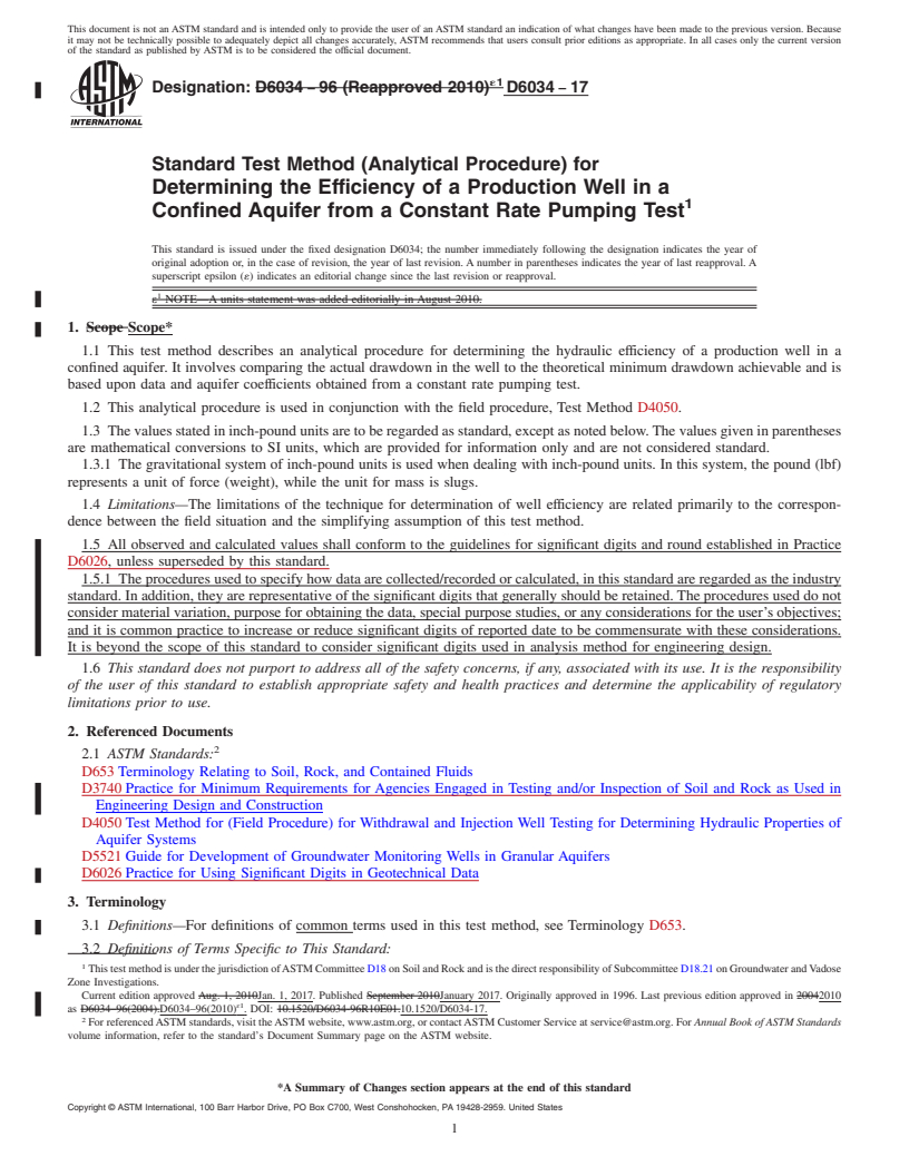 REDLINE ASTM D6034-17 - Standard Test Method (Analytical Procedure) for Determining the Efficiency of a Production Well in a Confined  Aquifer from a Constant Rate Pumping Test