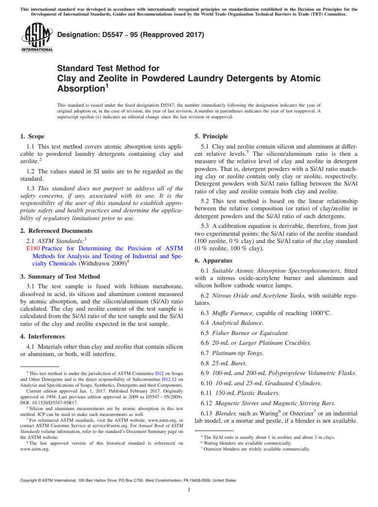 ASTM D5547-95(2017) - Standard Test Method for  Clay and Zeolite in Powdered Laundry Detergents by Atomic Absorption