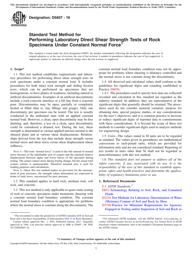 ASTM D5607-16 - Standard Test Method for  Performing Laboratory Direct Shear Strength Tests of Rock Specimens  Under Constant Normal Force