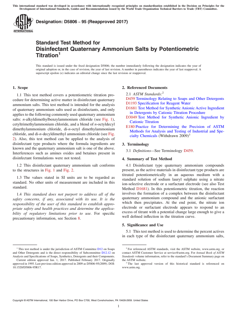 ASTM D5806-95(2017) - Standard Test Method for  Disinfectant Quaternary Ammonium Salts by Potentiometric Titration