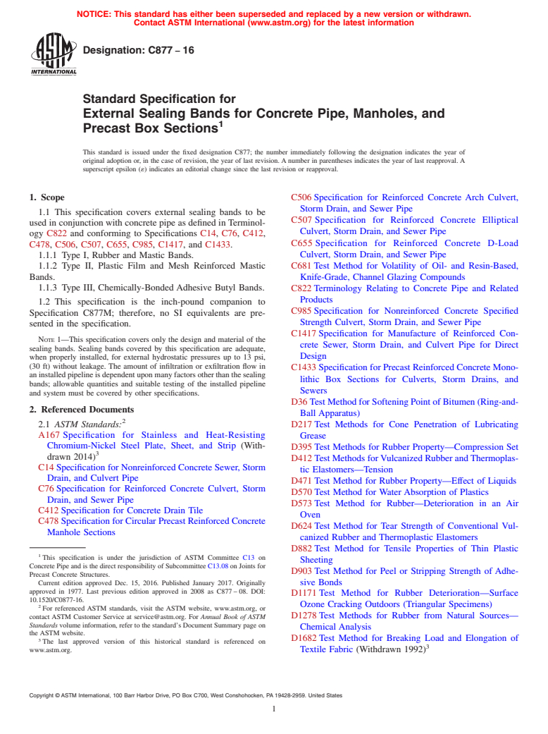 ASTM C877-16 - Standard Specification for  External Sealing Bands for Concrete Pipe, Manholes, and Precast  Box Sections