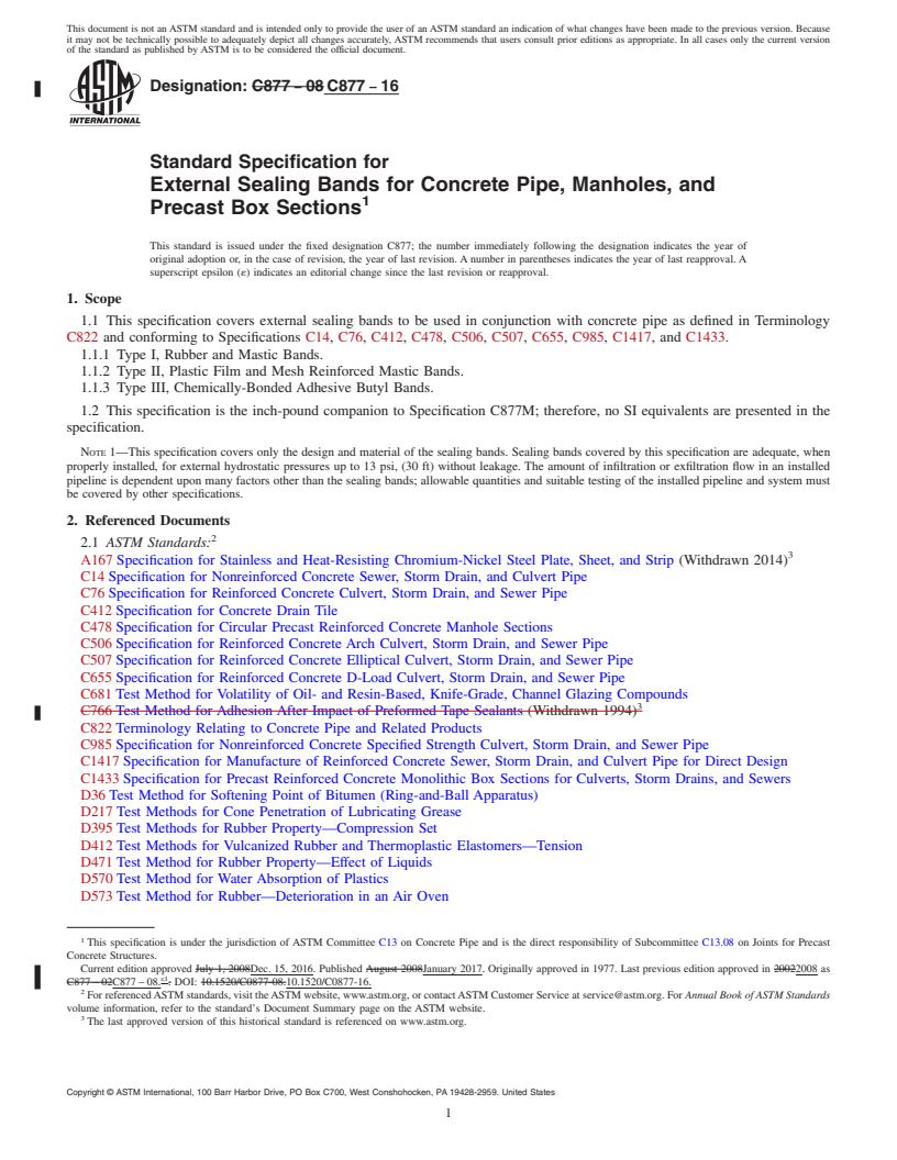 REDLINE ASTM C877-16 - Standard Specification for  External Sealing Bands for Concrete Pipe, Manholes, and Precast  Box Sections