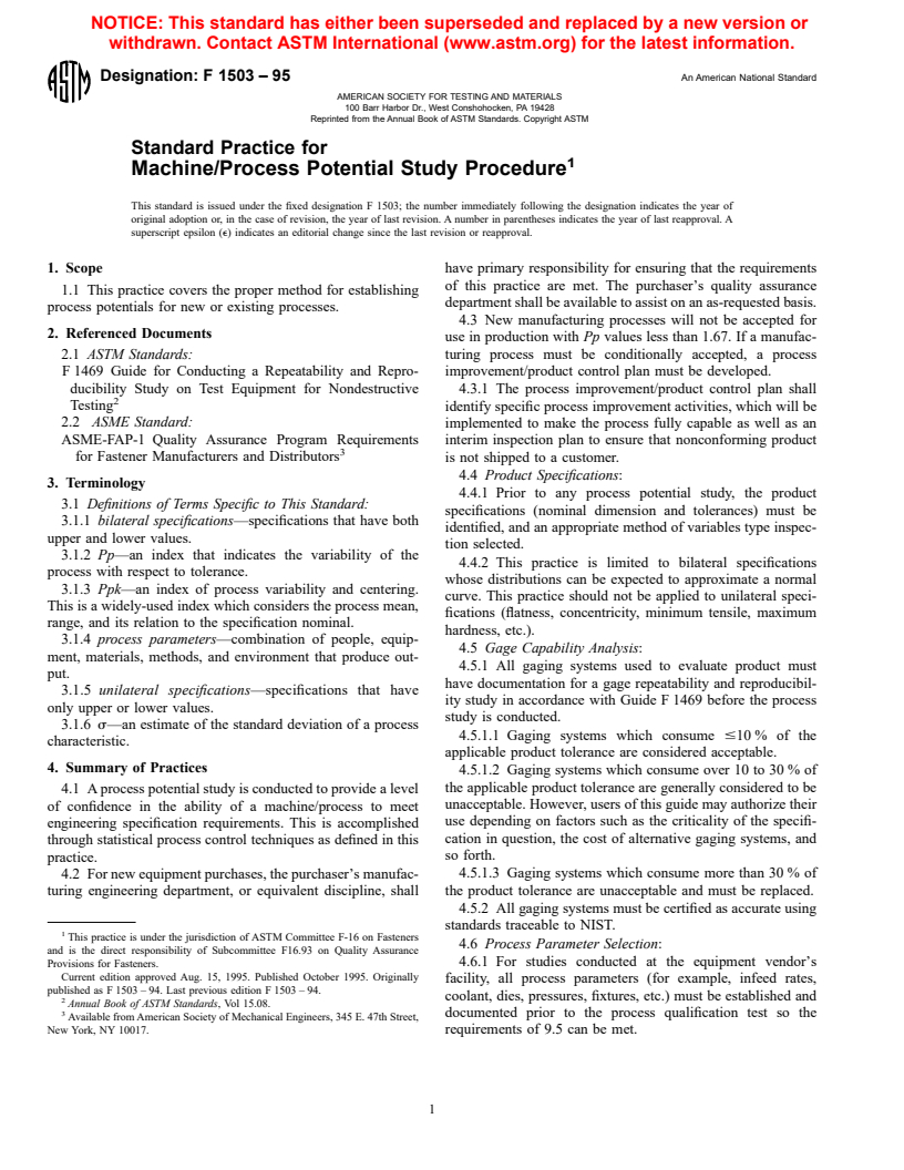 ASTM F1503-95 - Standard Practice for Machine/Process Potential Study Procedure