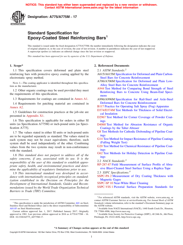 ASTM A775/A775M-17 - Standard Specification for  Epoxy-Coated Steel Reinforcing Bars