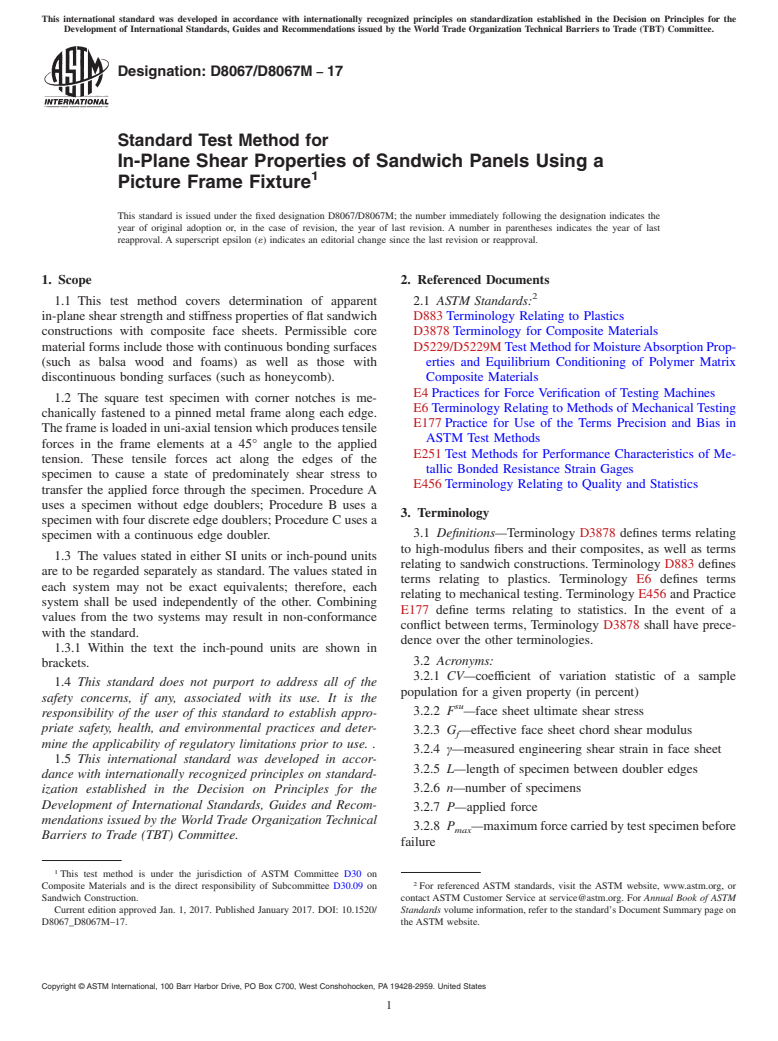 ASTM D8067/D8067M-17 - Standard Test Method for In-Plane Shear Properties of Sandwich Panels Using a Picture  Frame Fixture