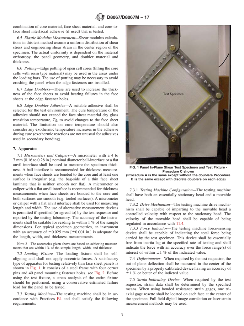 ASTM D8067/D8067M-17 - Standard Test Method for In-Plane Shear Properties of Sandwich Panels Using a Picture  Frame Fixture