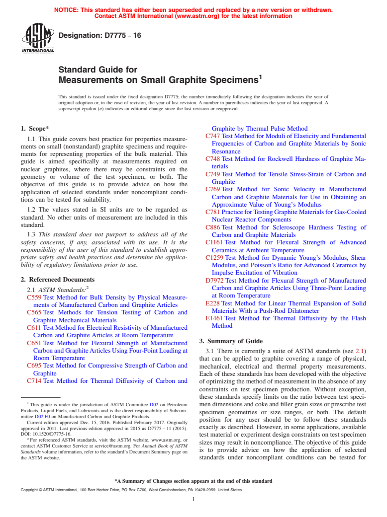 ASTM D7775-16 - Standard Guide for  Measurements on Small Graphite Specimens