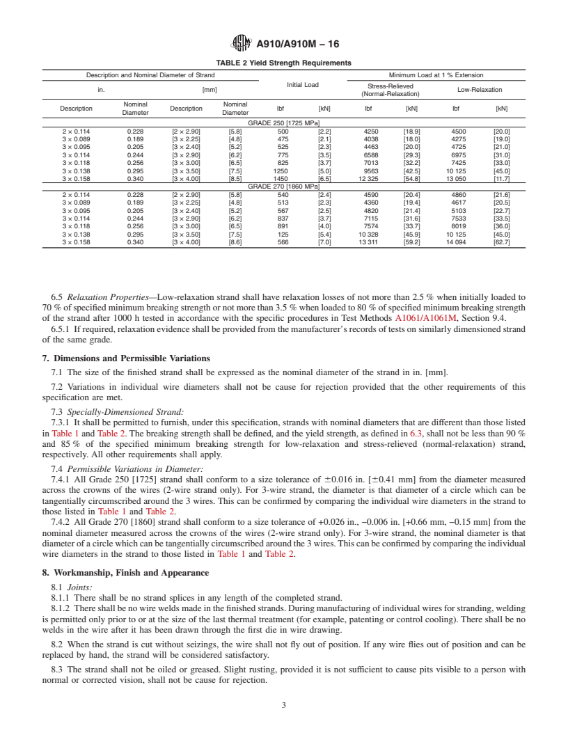 REDLINE ASTM A910/A910M-16 - Standard Specification for  Uncoated, Weldless, 2-Wire and 3-Wire Steel Strand for Prestressed  Concrete