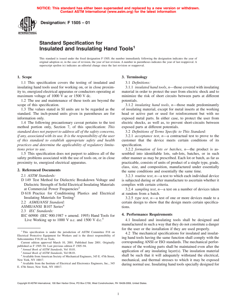 ASTM F1505-01 - Standard Specification for Insulated and Insulating Hand Tools