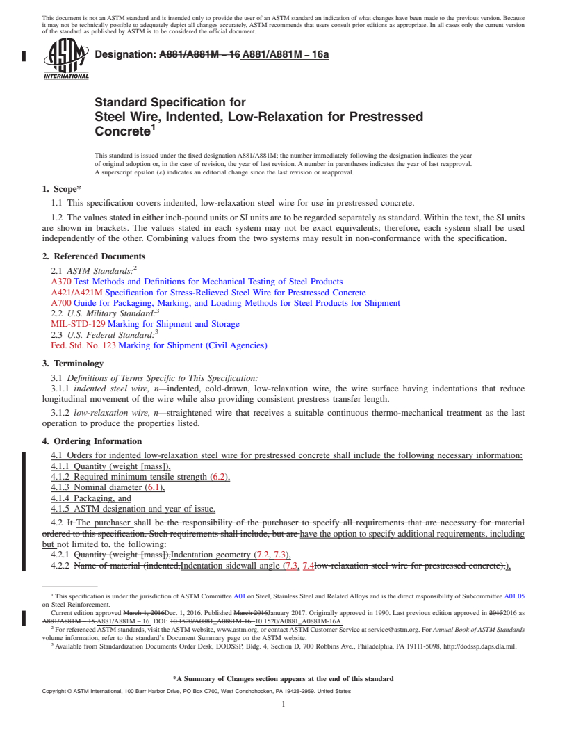 REDLINE ASTM A881/A881M-16a - Standard Specification for  Steel Wire, Indented, Low-Relaxation for Prestressed Concrete