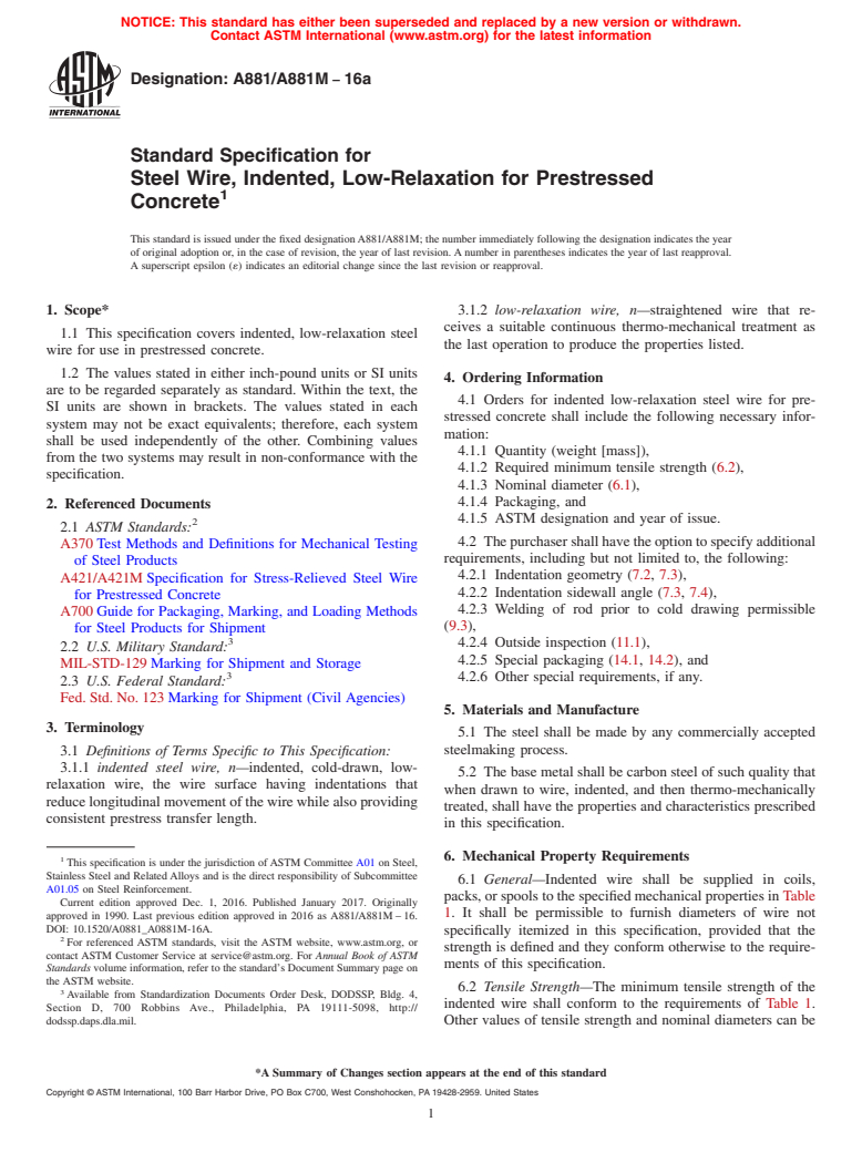 ASTM A881/A881M-16a - Standard Specification for  Steel Wire, Indented, Low-Relaxation for Prestressed Concrete