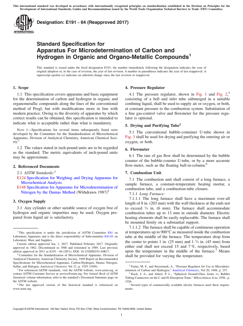 ASTM E191-64(2017) - Standard Specification for  Apparatus For Microdetermination of Carbon and<brk/> Hydrogen  in Organic and Organo-Metallic Compounds