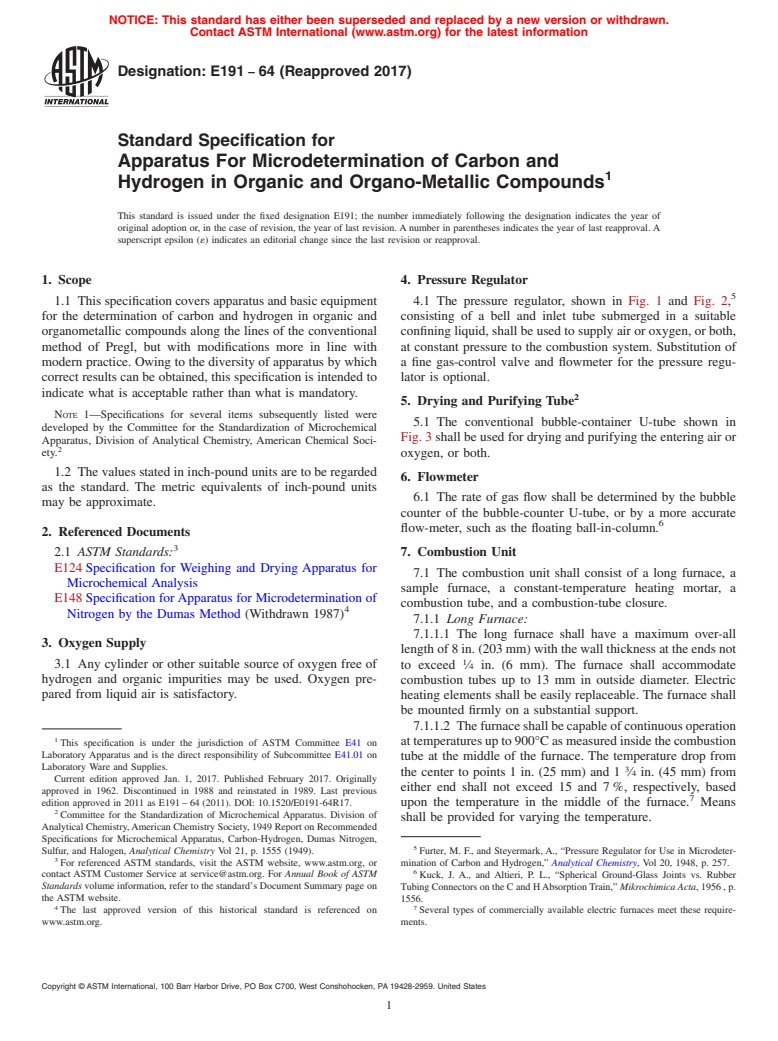 ASTM E191-64(2017) - Standard Specification for  Apparatus For Microdetermination of Carbon and<brk/> Hydrogen  in Organic and Organo-Metallic Compounds (Withdrawn 2024)