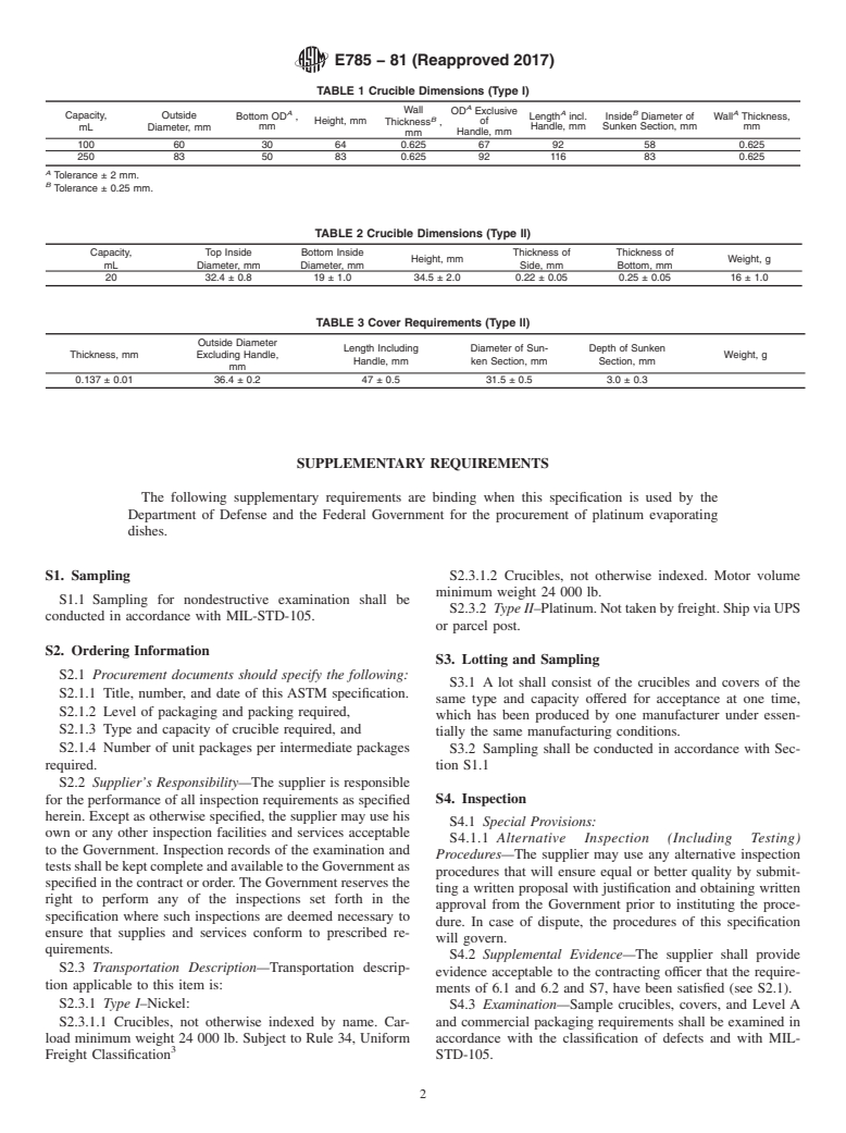 ASTM E785-81(2017) - Standard Specification for  Crucibles, Ignition, Laboratory, Metal