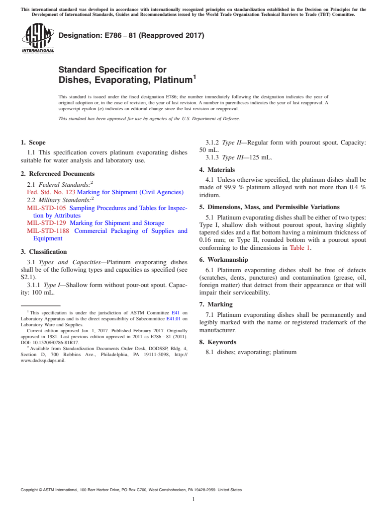 ASTM E786-81(2017) - Standard Specification for  Dishes, Evaporating, Platinum