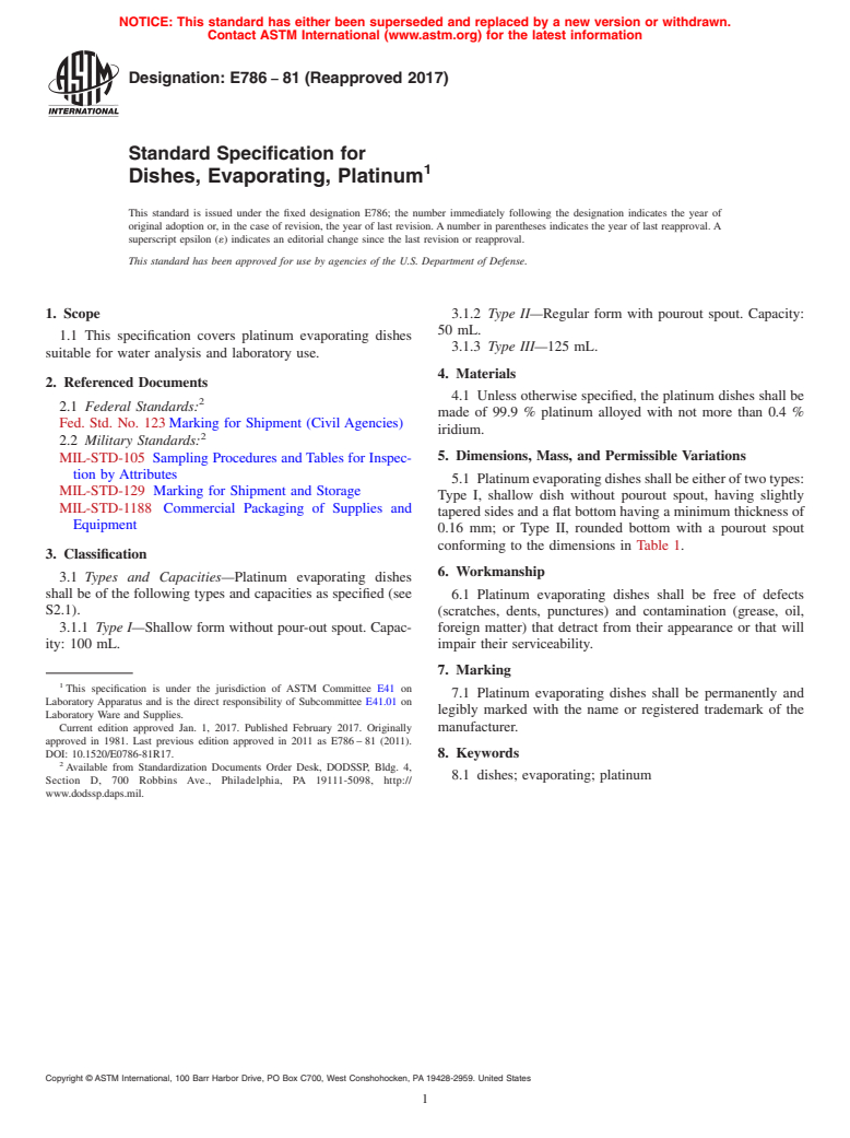 ASTM E786-81(2017) - Standard Specification for  Dishes, Evaporating, Platinum