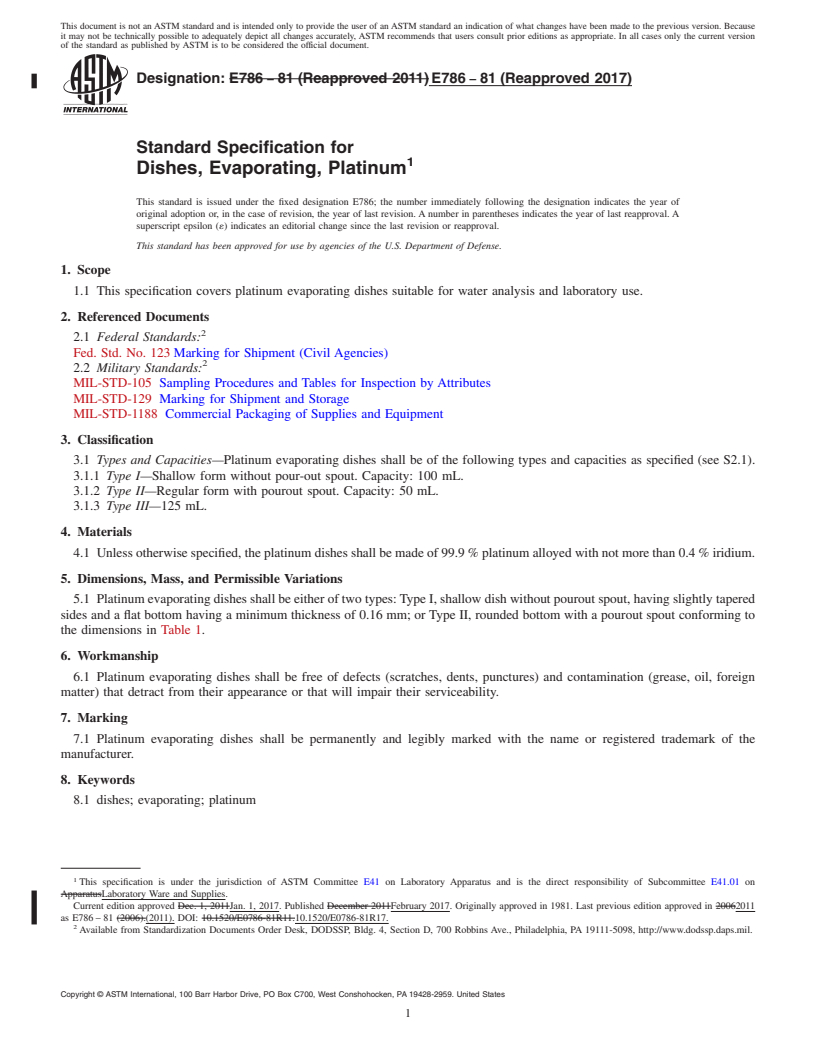 REDLINE ASTM E786-81(2017) - Standard Specification for  Dishes, Evaporating, Platinum