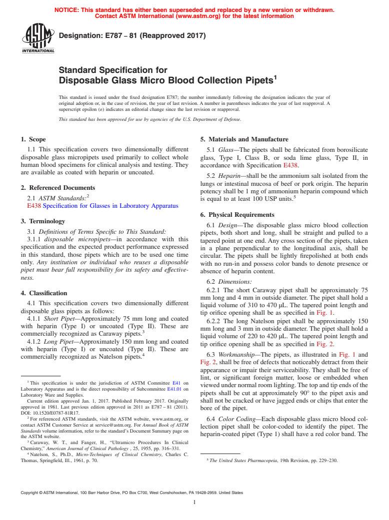 ASTM E787-81(2017) - Standard Specification for  Disposable Glass Micro Blood Collection Pipets