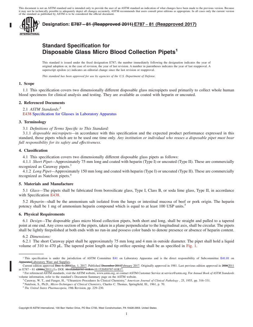 REDLINE ASTM E787-81(2017) - Standard Specification for  Disposable Glass Micro Blood Collection Pipets