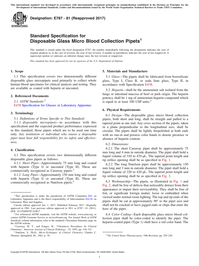 ASTM E787-81(2017) - Standard Specification for  Disposable Glass Micro Blood Collection Pipets
