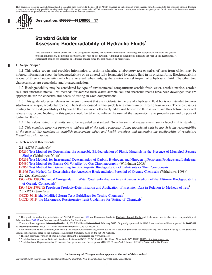 REDLINE ASTM D6006-17 - Standard Guide for  Assessing Biodegradability of Hydraulic Fluids