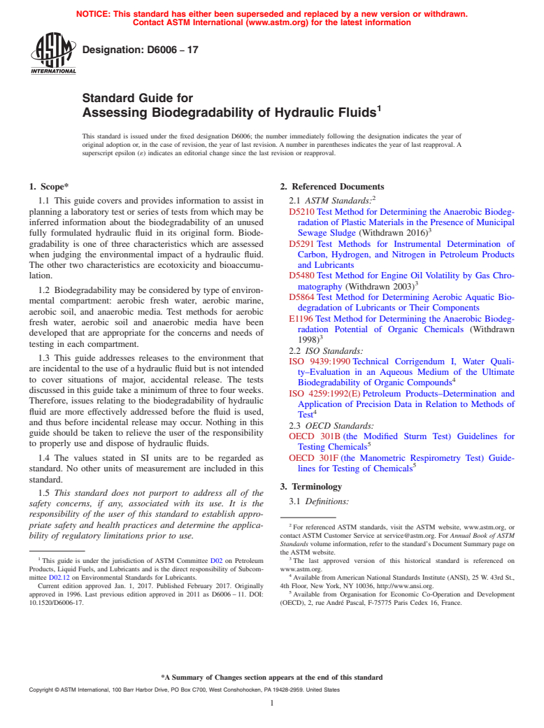 ASTM D6006-17 - Standard Guide for  Assessing Biodegradability of Hydraulic Fluids