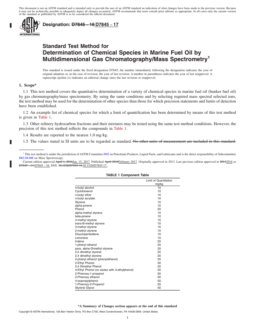 REDLINE ASTM D7845-17 - Standard Test Method for Determination of Chemical Species in Marine Fuel Oil by Multidimensional  Gas Chromatography/Mass Spectrometry