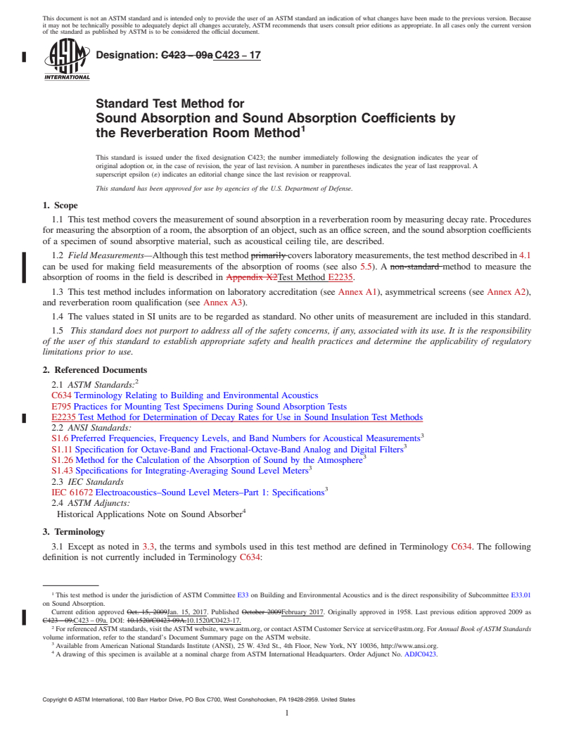 REDLINE ASTM C423-17 - Standard Test Method for Sound Absorption and Sound Absorption Coefficients by the Reverberation  Room Method