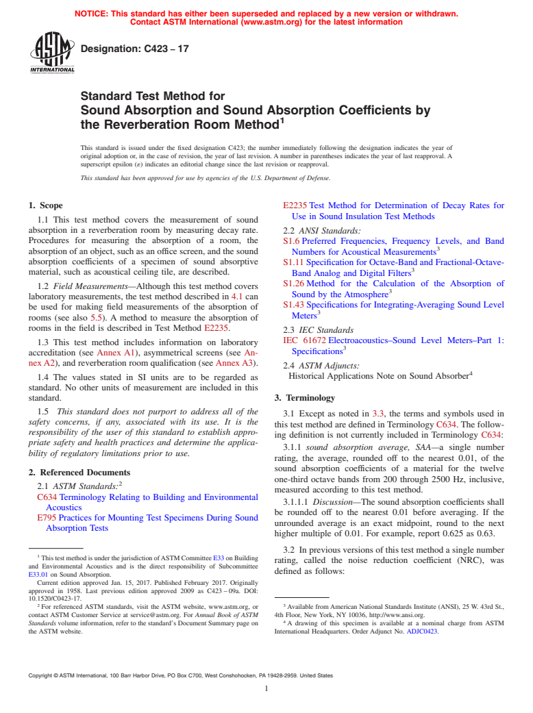 ASTM C423-17 - Standard Test Method for Sound Absorption and Sound Absorption Coefficients by the Reverberation  Room Method