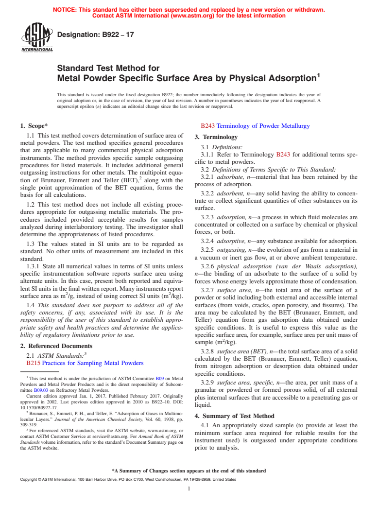 ASTM B922-17 - Standard Test Method for  Metal Powder Specific Surface Area by Physical Adsorption