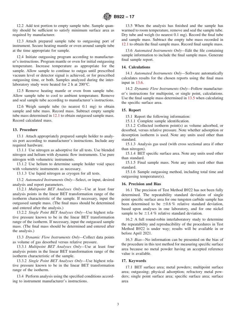 ASTM B922-17 - Standard Test Method for  Metal Powder Specific Surface Area by Physical Adsorption