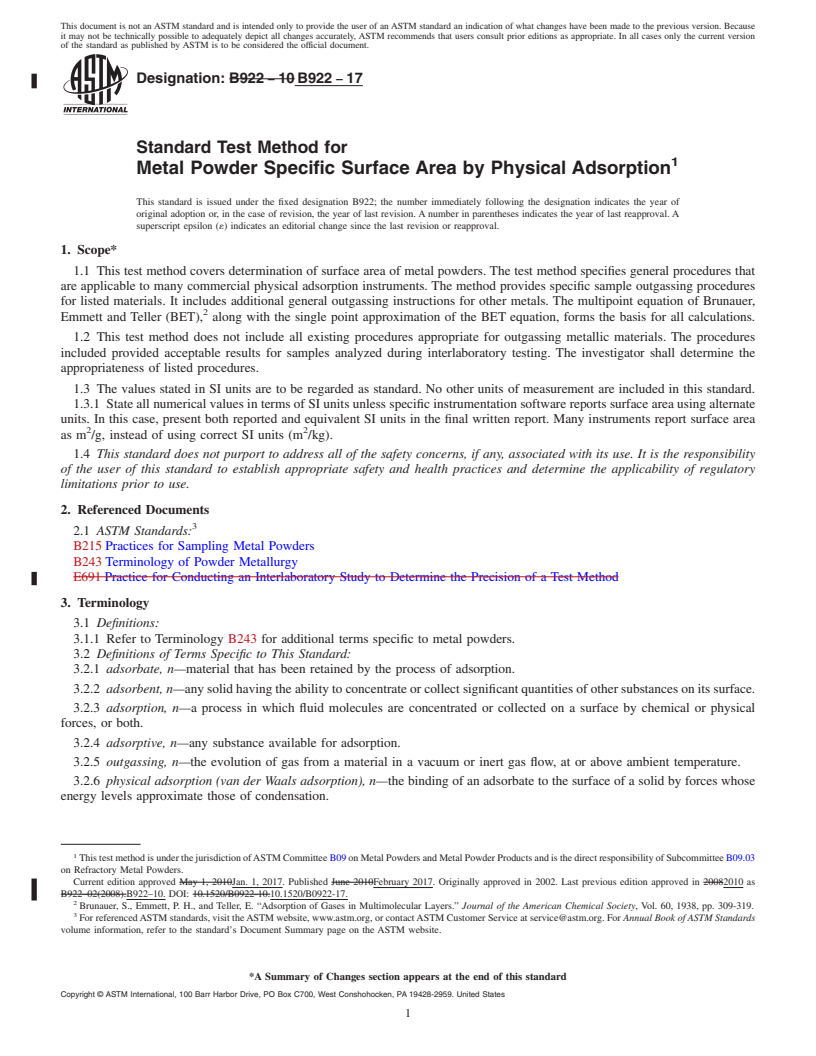 REDLINE ASTM B922-17 - Standard Test Method for  Metal Powder Specific Surface Area by Physical Adsorption