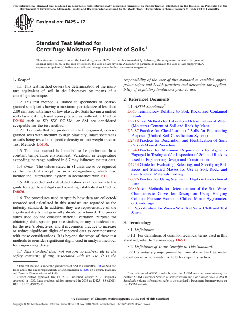 ASTM D425-17 - Standard Test Method for Centrifuge Moisture Equivalent of Soils