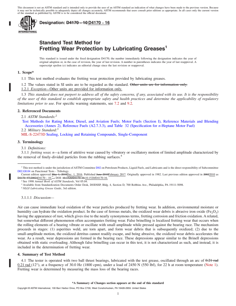 REDLINE ASTM D4170-16 - Standard Test Method for  Fretting Wear Protection by Lubricating Greases