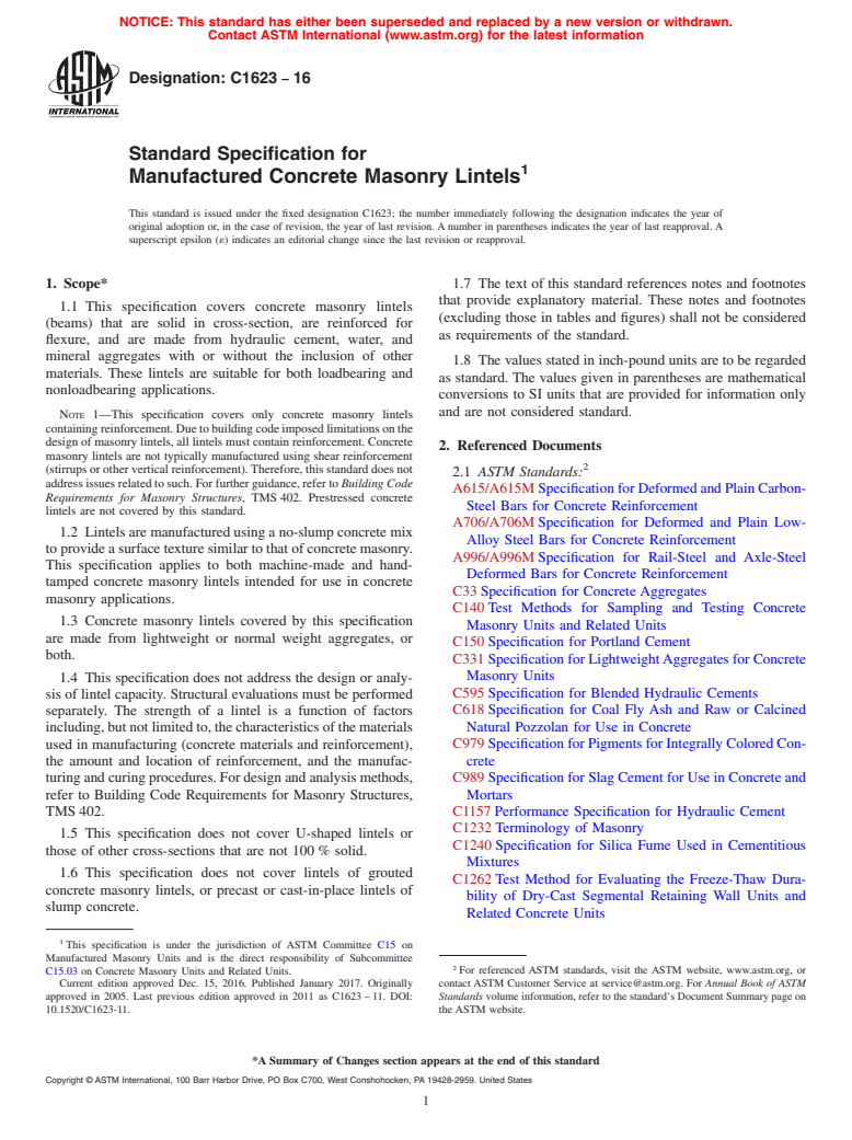 ASTM C1623-16 - Standard Specification for  Manufactured Concrete Masonry Lintels