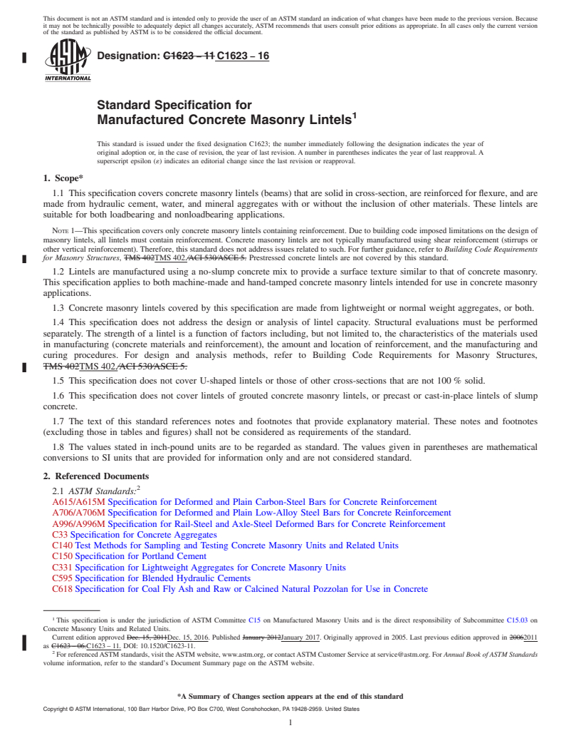 REDLINE ASTM C1623-16 - Standard Specification for  Manufactured Concrete Masonry Lintels