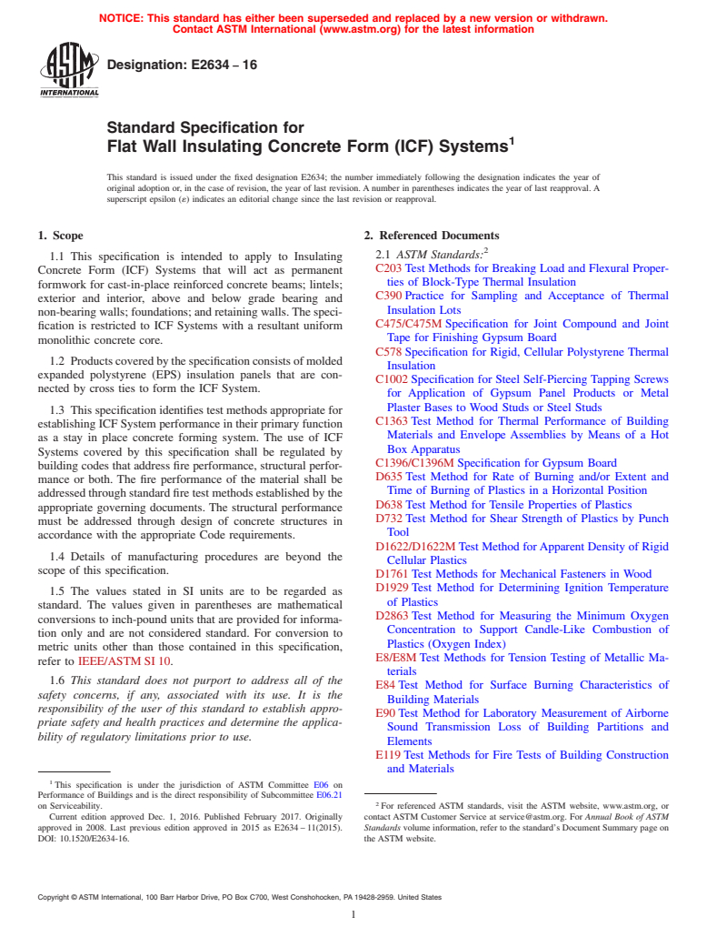 ASTM E2634-16 - Standard Specification for Flat Wall Insulating Concrete Form (ICF) Systems