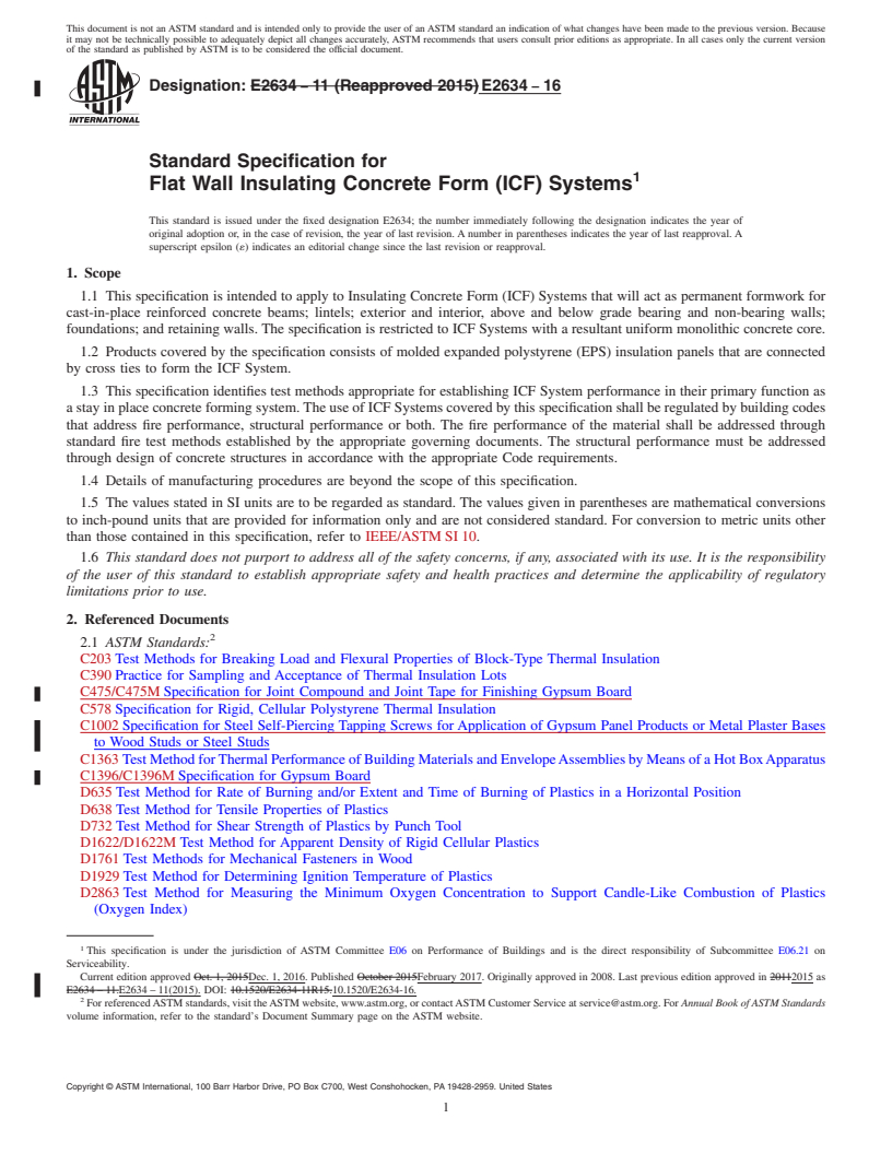 REDLINE ASTM E2634-16 - Standard Specification for Flat Wall Insulating Concrete Form (ICF) Systems