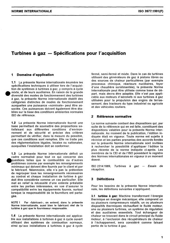 ISO 3977:1991 - Turbines a gaz -- Spécifications pour l'acquisition