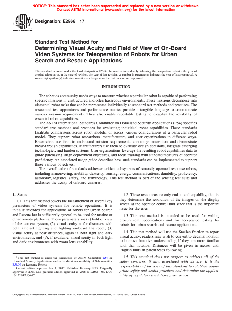 ASTM E2566-17 - Standard Test Method for  Determining Visual Acuity and Field of View of On-Board Video  Systems for Teleoperation of Robots for Urban Search and Rescue Applications