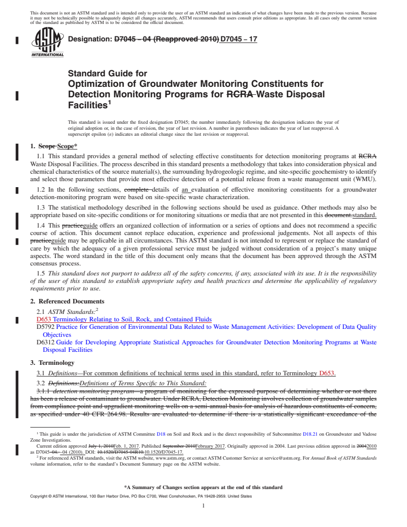 REDLINE ASTM D7045-17 - Standard Guide for  Optimization of Groundwater Monitoring Constituents for Detection  Monitoring Programs for Waste Disposal Facilities