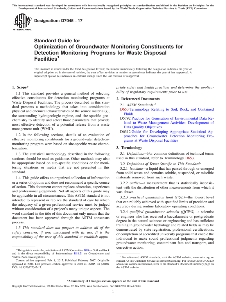 ASTM D7045-17 - Standard Guide for  Optimization of Groundwater Monitoring Constituents for Detection  Monitoring Programs for Waste Disposal Facilities